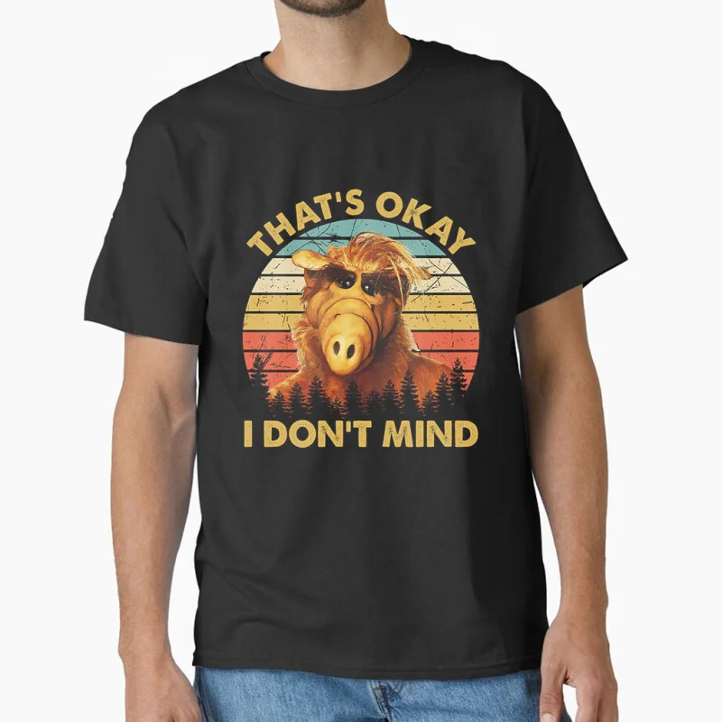

thats okay i dont mind 80s Retro horror movie Alien tv show ALF 1986 scary halloween gift T shirt for cat lover Large size Top