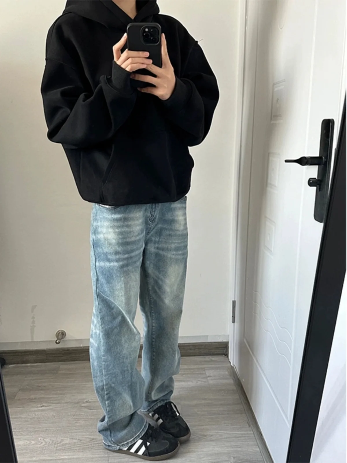 

Retro Waed Blue Jeans Men's 2024 New American High Street Haome Straight Leg Pants OOTD Matching Micro Flare Pants