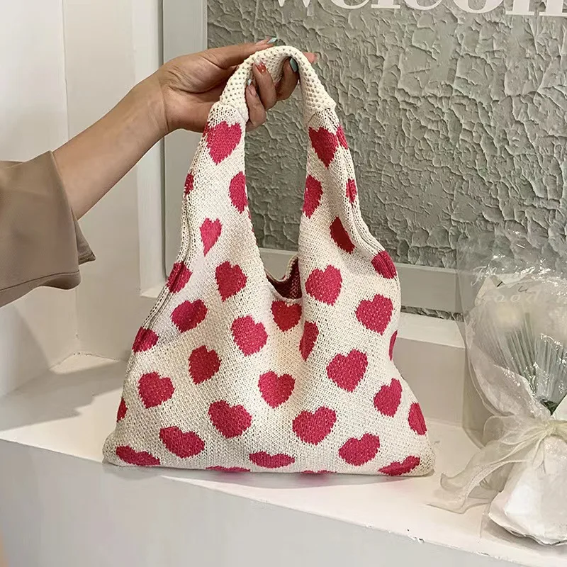 Women's Designer Underarm Pink Heart Shoulder Bag Small Tote Knite Handwoven Y2K Valentine Gift Soft Contrast Color Open Pocket