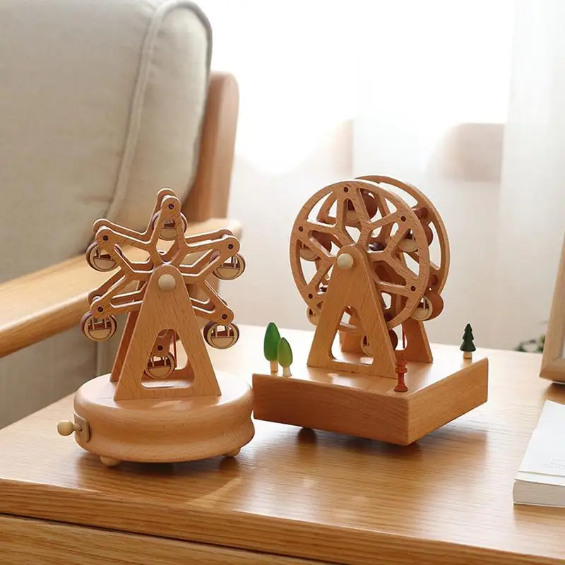 Wind Up Musical Box Retro Wooden Music Box New Year Xmas Birthday Gift Vintage Carousel Ferris Wheel Home Decoration Accessories