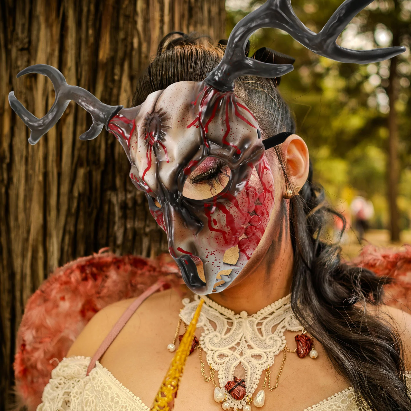 1 Uds. Máscara con cuernos de asta para adultos, cara de ciervo realista, disfraz de mascarada, accesorio para fiesta de Halloween, accesorio de Cosplay desmontable