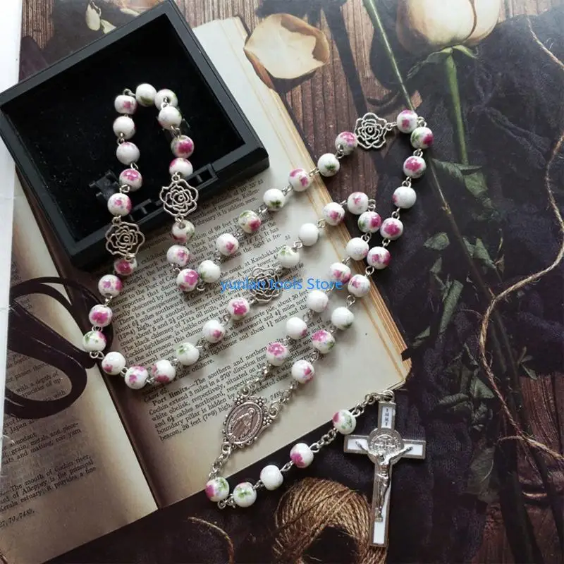 

50LB Ceramic Rose Religion for Cross Rosary Necklace Praying Meditation Gift Supplies