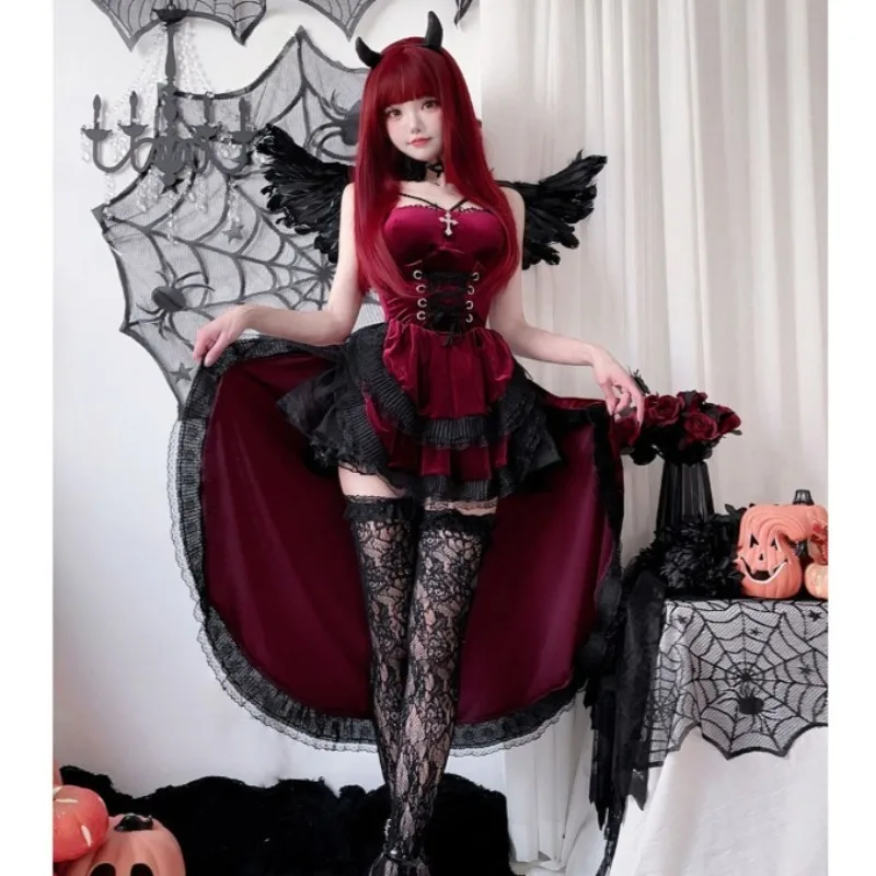 

Women Halloween Vampire Bride Cosplay Costume Gothic Black Red Witch Dress Accessories Suit Performance Carnival Party Clothes