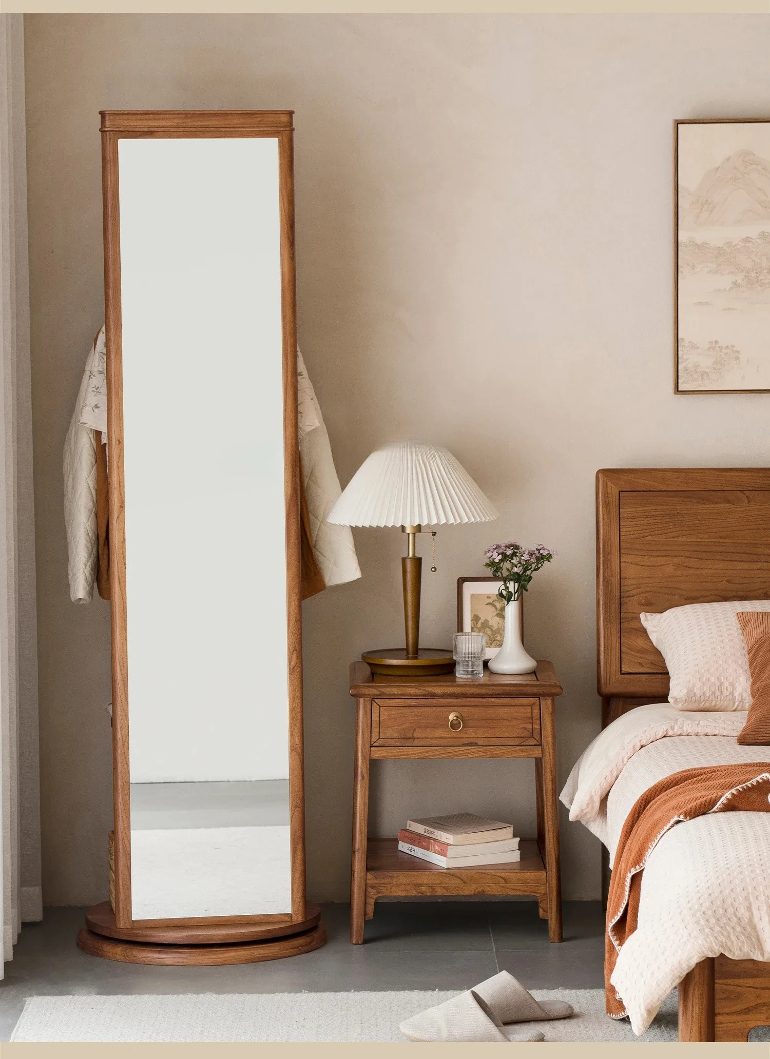 

Solid wood full-length mirror New Chinese-style home floor-to-ceiling full-length mirror Bedroom coat rack