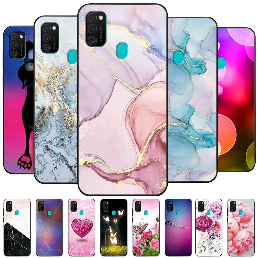 Case For Samsung M21 M30S Coque TPU Soft Silicone Funda Phone Case For Samsung Galaxy M21 M 30S Cover Flowers Marble Capa Bumper