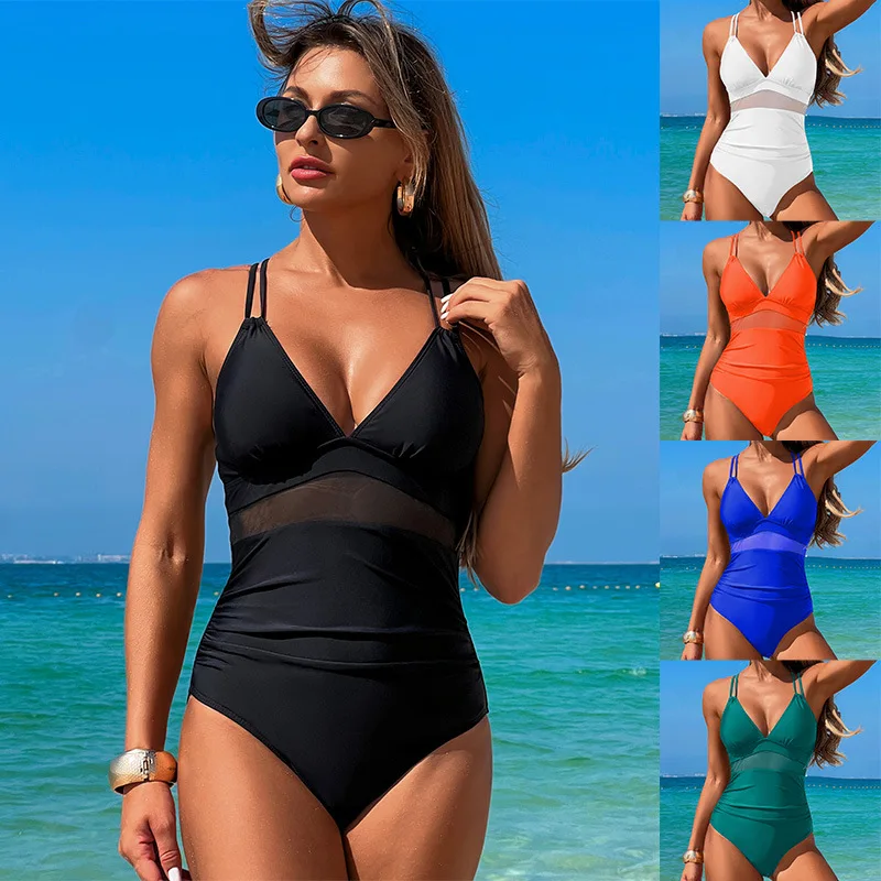 

Women Summer Jumpsuits Swimwear Deep V-neck Thong Bodysuits Bathing Suits Back Cross Bandage Mesh Waist Swimsuits