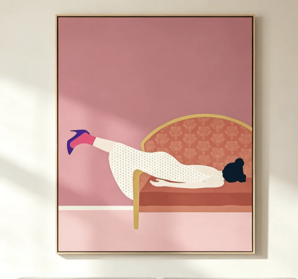 Minimalist Woman Lying on Sofa Wall Art Canvas Prints, Pink Abstract Figure Posters, Modern Decor for Living Room Bedroom Decor