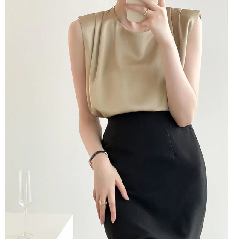 QWEEK Elegant Satin Sleeveless Blouses Woman Office Ladies Vintage Shirts Female Summer Old Money Style Casual Chic Aesthetic