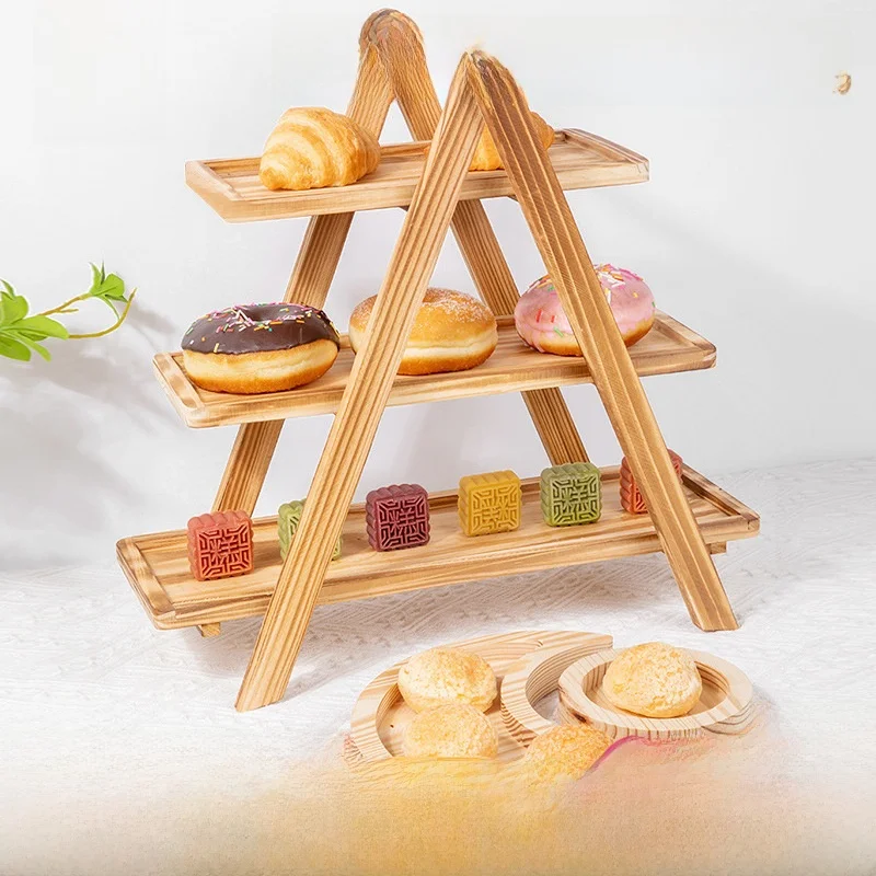 Three-Layer Wooden Fruit Plate Dessert Stand Multi-Layer Bread Cake Chinese Style Afternoon Tea Snack Rack Creative Short Sleeve