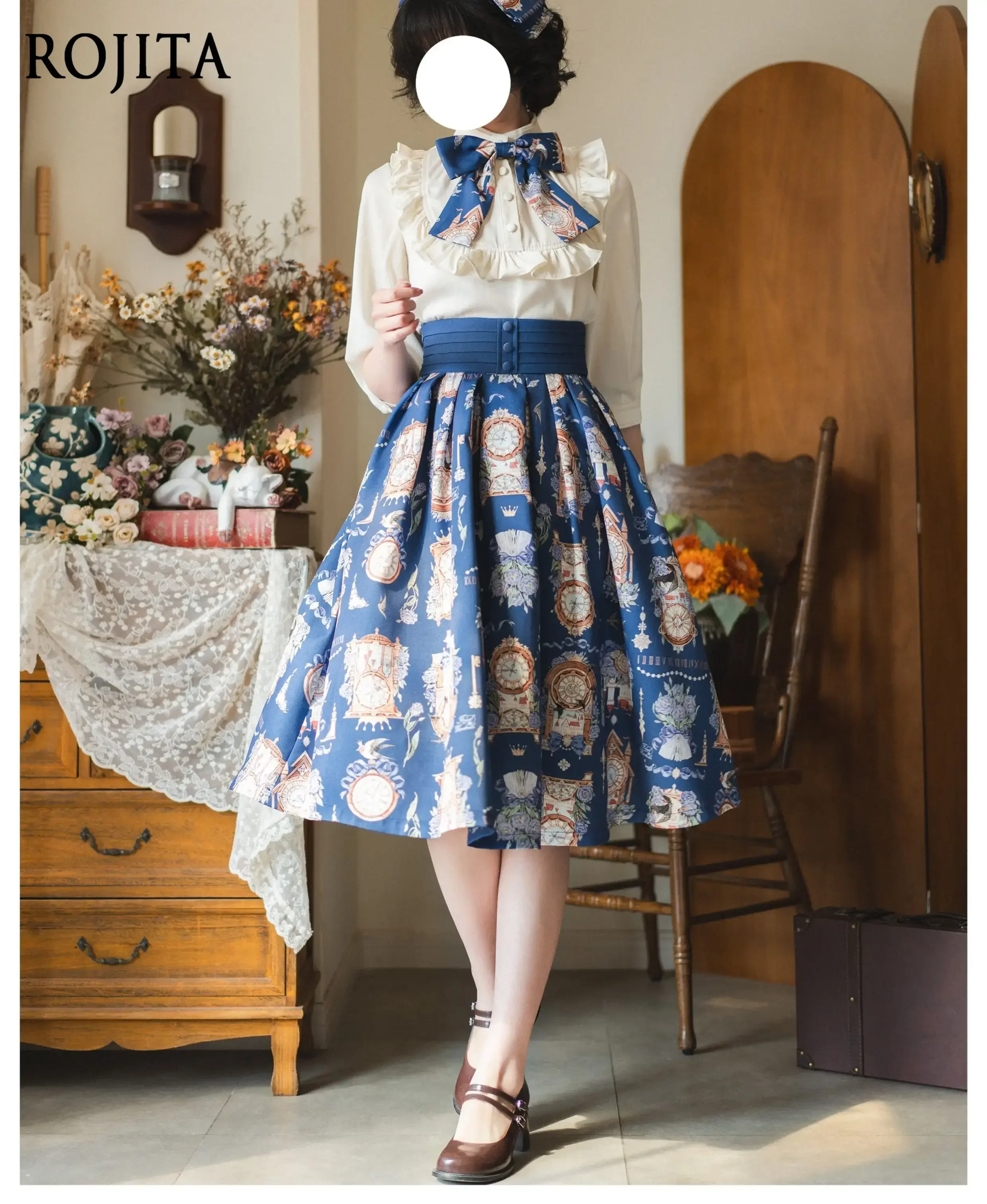 

Elegant Classical Ruffles Splicing Single-breasted Shirts High Waist A-line Vintage Printing Lolita Long Skirts Women Outfits