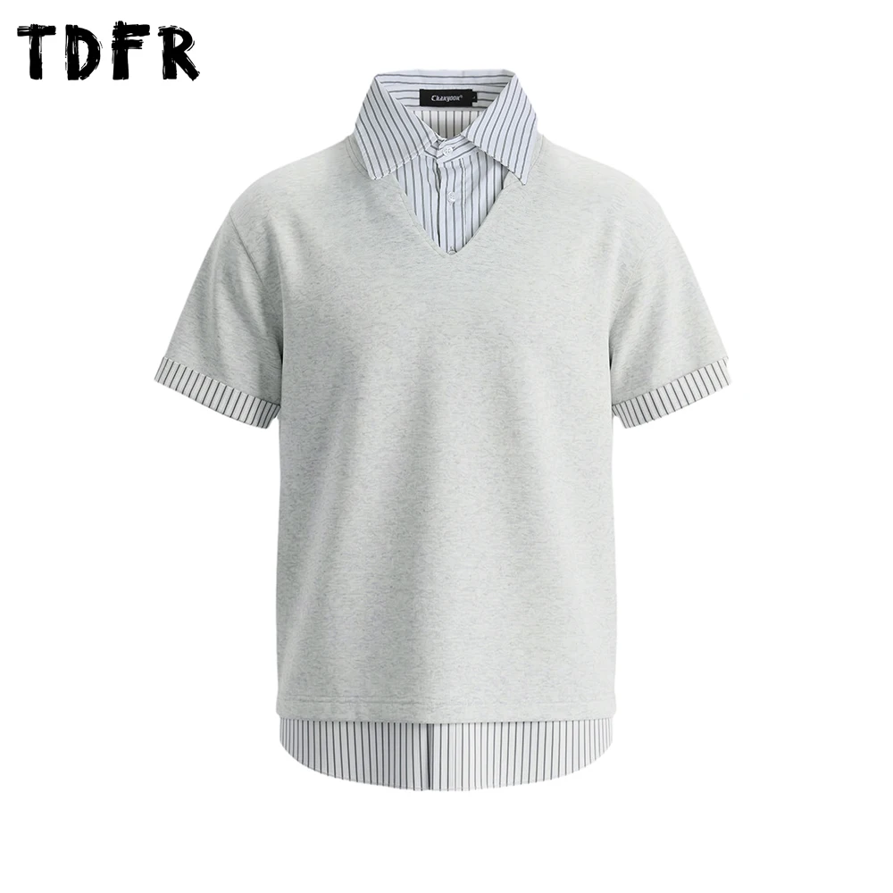 Striped Patchwork Fake two-piece Polo Shirts Mens Summer Retro Casual Loose Half-Sleeve Cotton Tee Man Tops