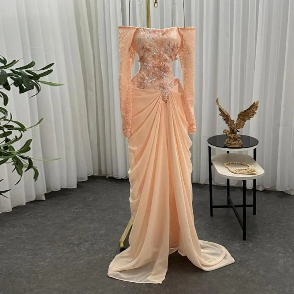 オフショルダーとレースアップリケが施されたカスタムメイドのドレープイブニングドレス、2025年プロムドレス、プリーツシフォンマーメイドバースデードレス