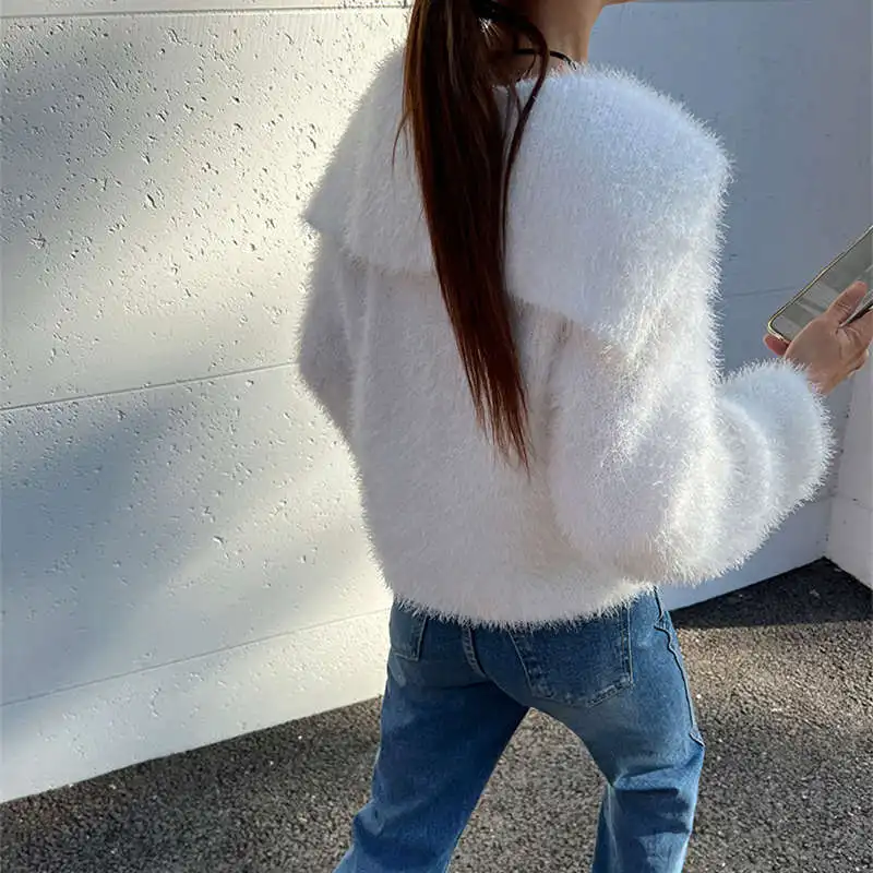 Korean Flurry Mohair Cropped White Knitted Cardigan Navy Collar Short Sweater Coat Imitation Mink Cashmere Thicken Warm Jacket