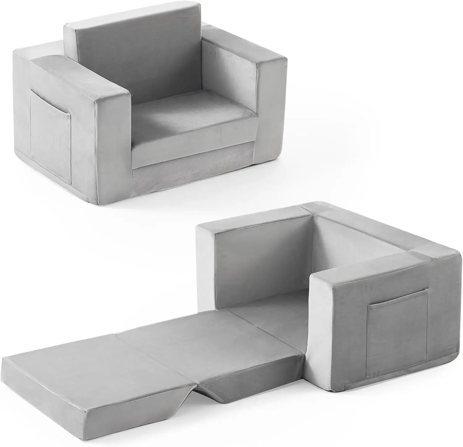 

Детский диван-кровать 2-в-1, трансформируемый в шезлонг, удобное велюровое кресло для детей 1-3 лет, серый цвет