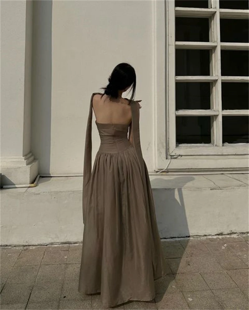 Modern Silk Brown Evening Gowns Sleeveless Long A Line Prom Dresses with Scarf Strapless Elegant Invited Wedding Evening Dress