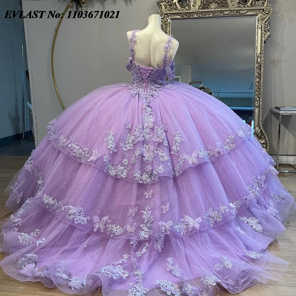 EVLAST Customized Lavender Quinnceanera Dress Ball Gown 3D Floral Applique Beading Tiered Sweet 16 Vestidos De 15 Anos SQ652