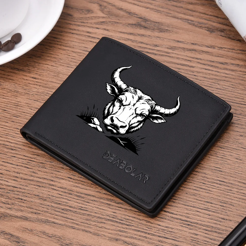 Men's Vintage Bull Head Print PU Leather Double-Fold Short Wallet Multi-Card Holder Fashion Accessory