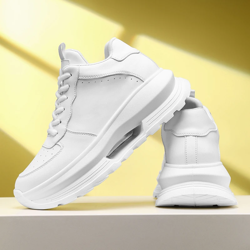 Man Leather Sneakers Elevator Shoes  Men's Hidden Heel Heightening White Black