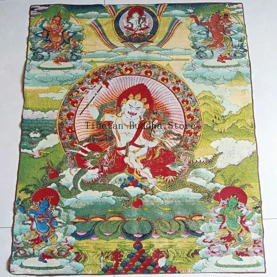 Tibetan Thangka White Jambhala Embroidered Wall Art Buddhist Protector 90x60cm