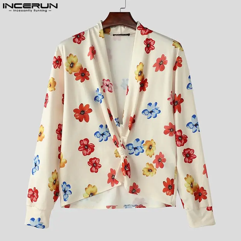 INCERUN Men Autumn Tops Deep V Neck Twiss Knotted Floral Allover Printed Bohemian Beach Holiday Tops Casual Leisure Blouse Male