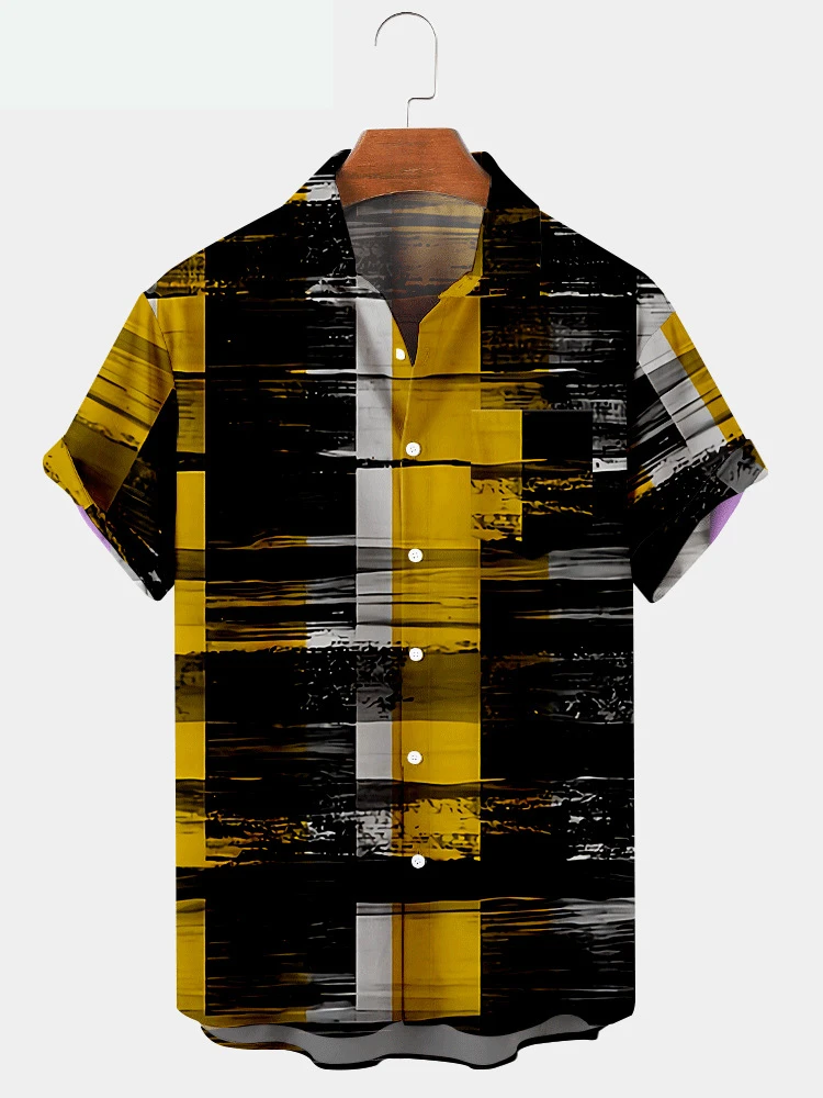 

2022 Summer Men's Short-sleeved Hawaiian Shirt Street Creative Striped 3D Printing Single-breasted Casual High-end Beach Shirt