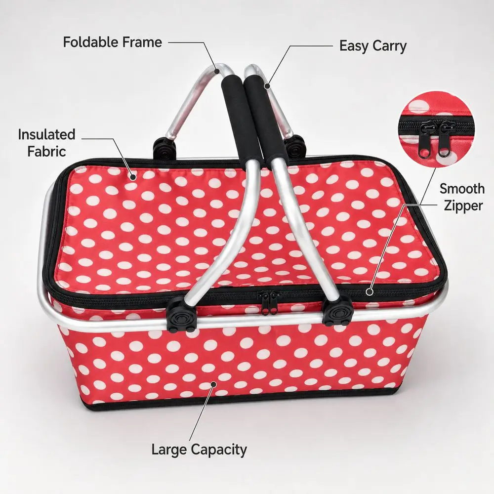 Satin Fabric Insulated Picnic Basket Polka Dot Pattern Zipper Closure Picnic Cooler Basket Portable Handles Insulated Lining