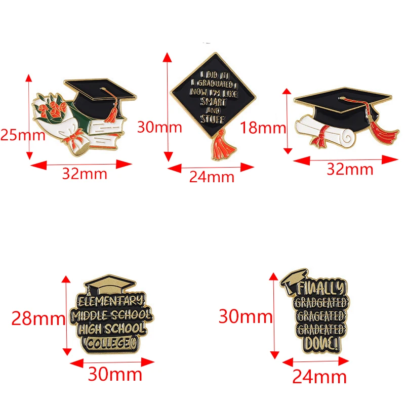 2PCS 5 Style School Graduation Season Enamel Brooches Creative Flower Bachelor's Hat Graduated Lapel Pin Badge Students Jewelry