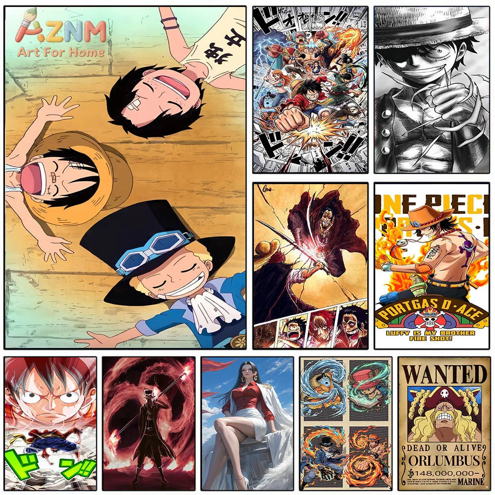 AZNM Lienzo Decorativo de Anime One Piece, Luffy, Ace, Sabo, Hermanos, Boa Hancock, Póster de Busca de Orlumbus, Impresión HD, Pintura sin Marco, Japón