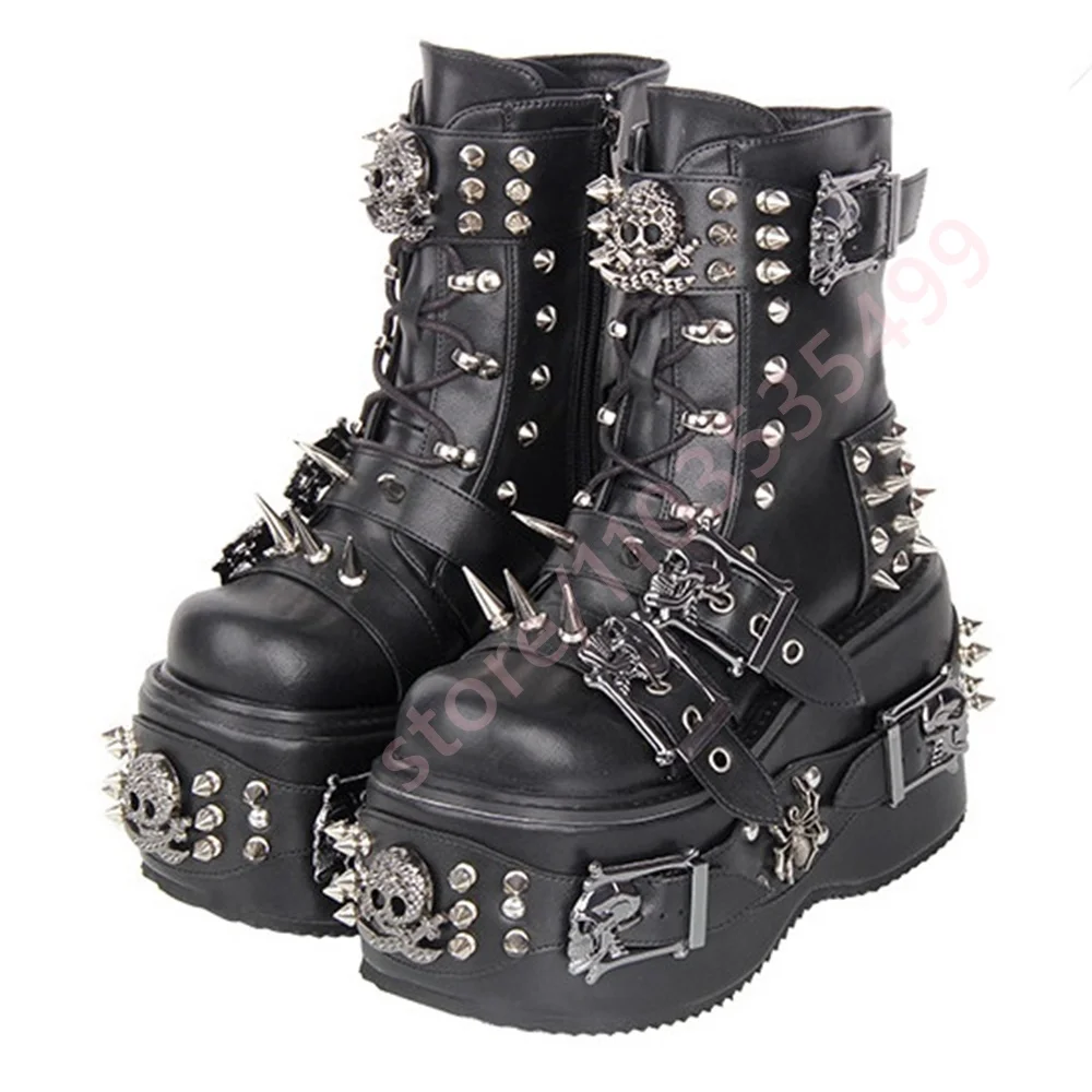 

Punk Platform Metal Rivets Motorcycle Boots 2026 New Round Toe Street Rock Ankle Boots Fashion Belt Buckle Sporty Casual Boots