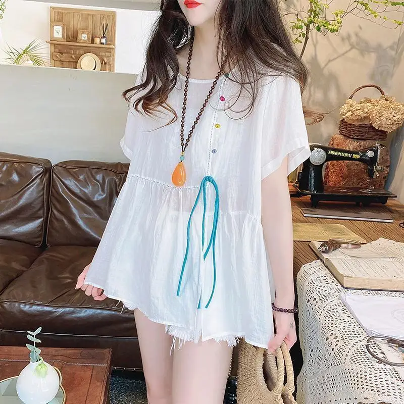 Round Neck A-line Lace Up Buckle Slit Sweet Women\'s Shirt Summer Loose Slimming T-shirt Western-style Cotton Linen Top for Women