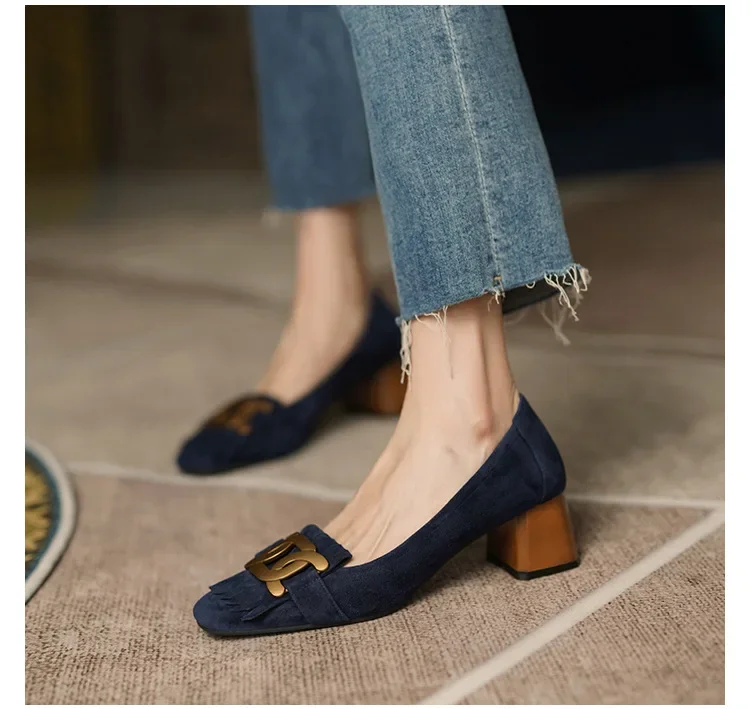 Fashion Retro Women Shoes Spring Summer French Retro Metal Buckle Single Shoes Thick Heel Women Shoes All-match High Heels