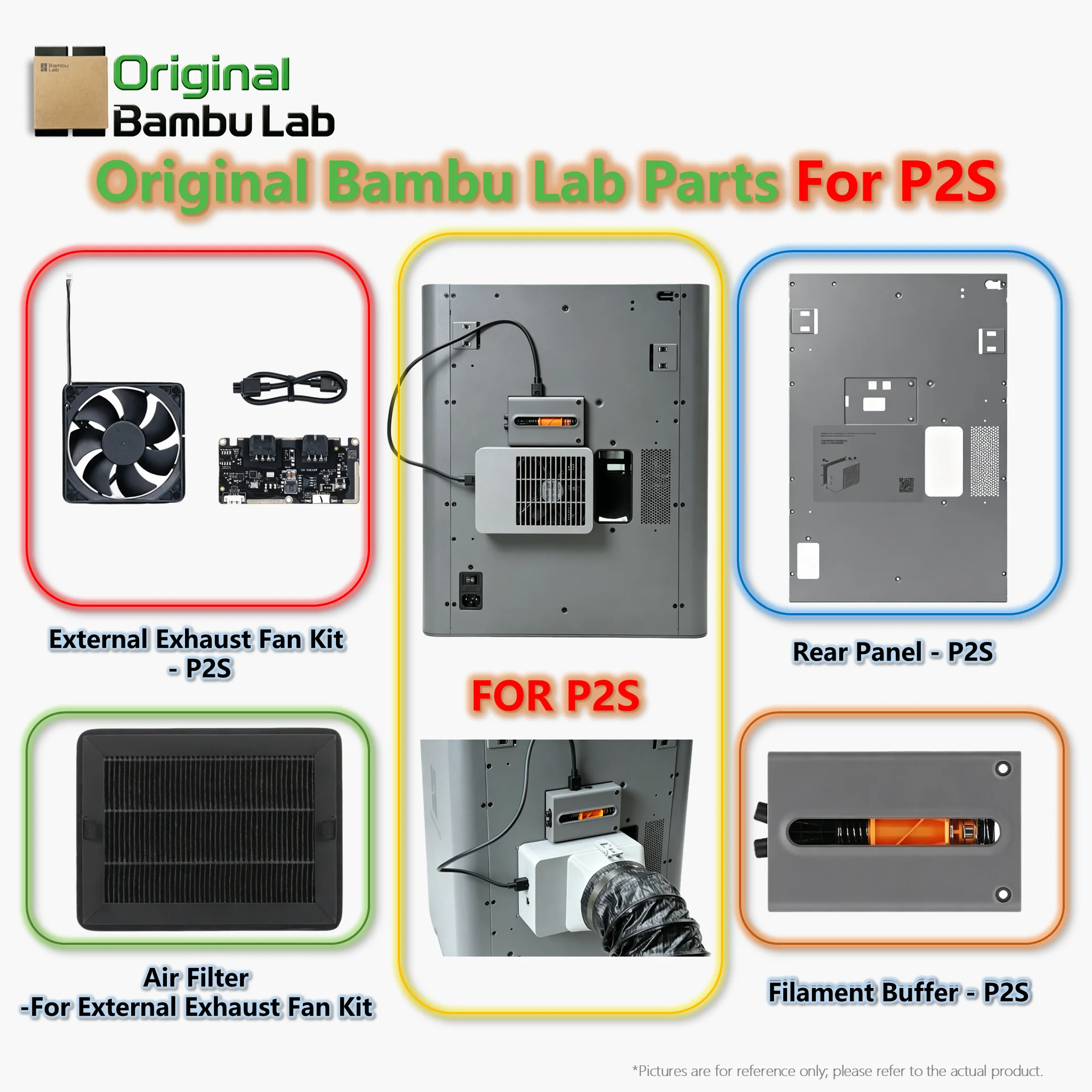 Original Bambu Lab P2S External Exhaust Fan Kit, Rear Panel, Filament Buffer, Air Filter for 3D Printer Active Air Purification