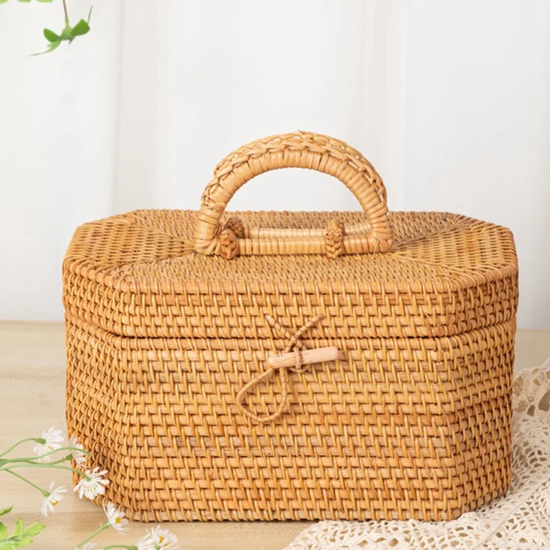 1 PCS Handwoven Rattan Storage Box With Handle Ornament Box Kitchen Organizer Picnic Bread Fruit Basket