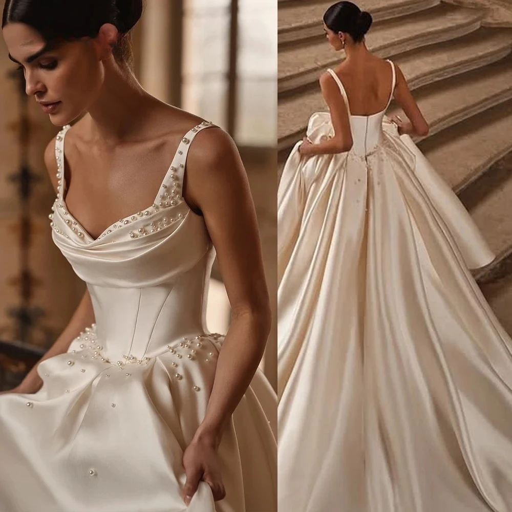 Elegante Perlen A-Linie Brautkleider Spaghetti-trägern Satin Braut Kleider Sexy Backless Braut Kleid vestidos de novia de lujo