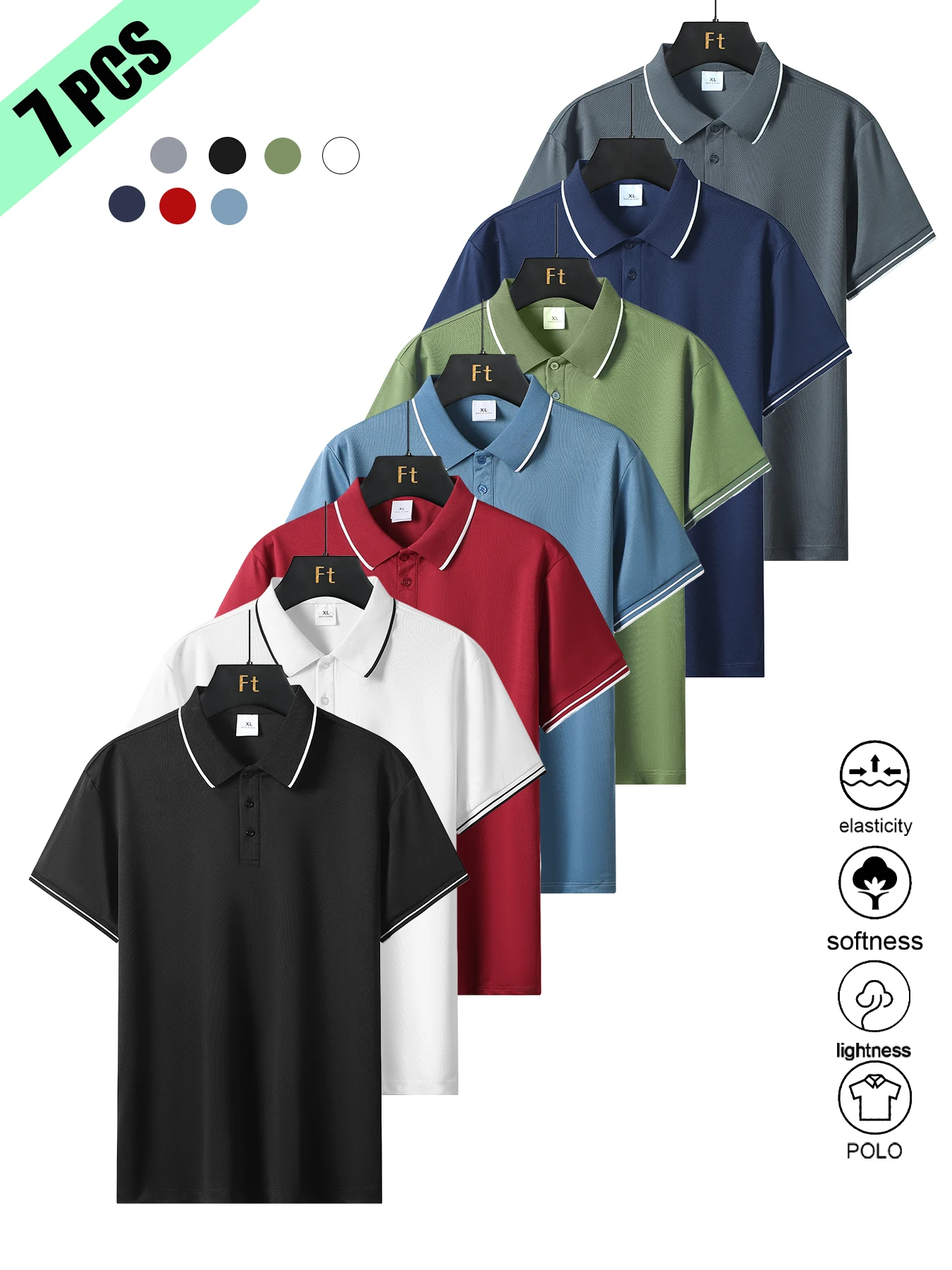 

Мужской летний комплект из 7 предметов: вязаные поло ручной работы в полоску, дышащие, с коротким рукавом, модные, легкие, приятные к телу, из ткани.