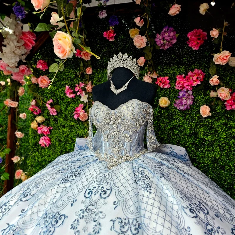 

Shiny Blue Quinceanera Dresses Off the Shoulder Lace Glitter Crystal Decal Long tail Big Bow Vestido De 15 Quinceanera Customize