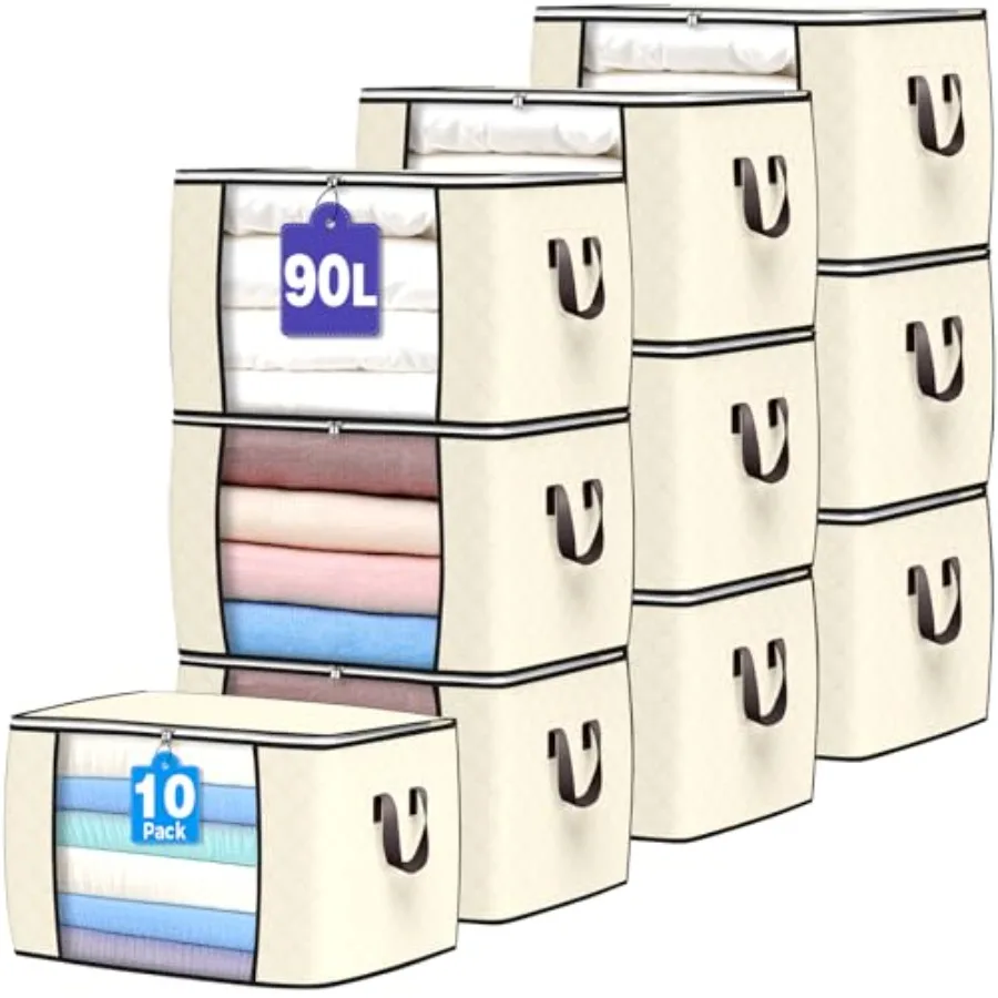 

Набор из 10 складных органайзеров для хранения объемом 90 л: бежевые усиленные мешки для одежды, одеял, постельного белья и подушек