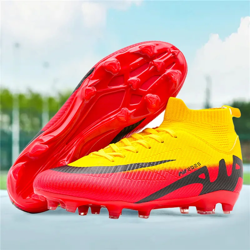 

Professional Yellow Red Football Sneaker Women Men High Top Long Spikes Soccer Shoes Comfort Mesh Football Field Cleats Trainers