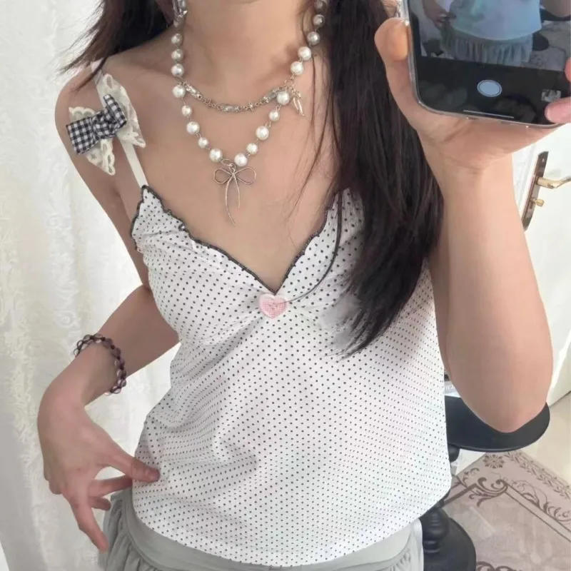 

Women's Kawaii Cloths Top American Retro Subculture Polka Dot Camisole Harajuku Sweet Bow Halter Vest Cute Girl Sexy Tanks Tops