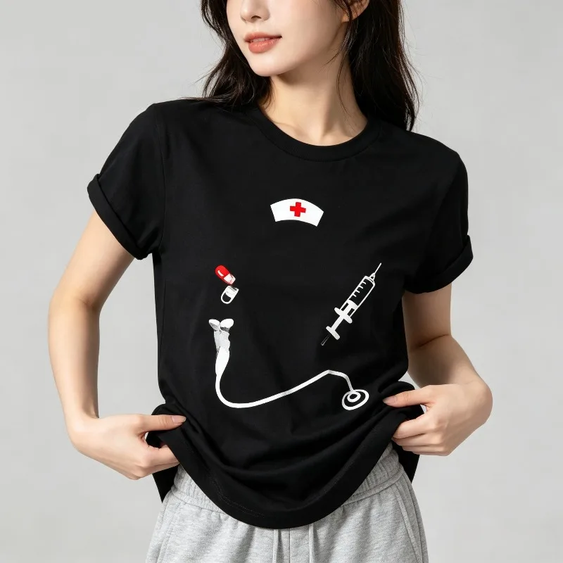 Minimal Nurse Hat Stethoscope Syringe Pill Medical Graphic T Shirt Unisex Women Nurse Life Healthcare Worker Casual Tee