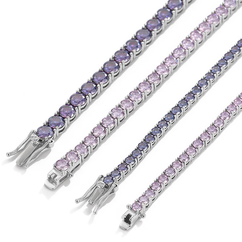 NeeTim 3mm 4mm Purple Moissanite Tennis Bracelet 925 Sterling Silver with White Gold Plated Sparkling Bracelet for Women Man