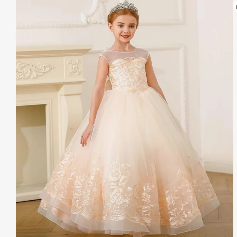 Fancy Lace Appliques Flower Girl Dress,Kids Wedding Dress,Girls Princess Tulle Prom Dress,Girls Formal Evening Gown