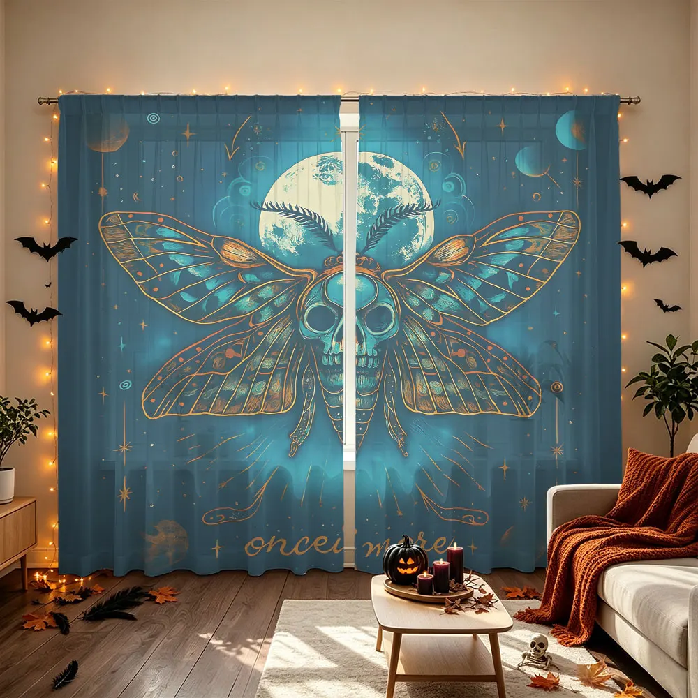 2Pcs Skeleton Moth Once More Print Rod Pocket Curtains, Blackout Privacy Window Curtains for Living Room Bedroom, Door Curtai