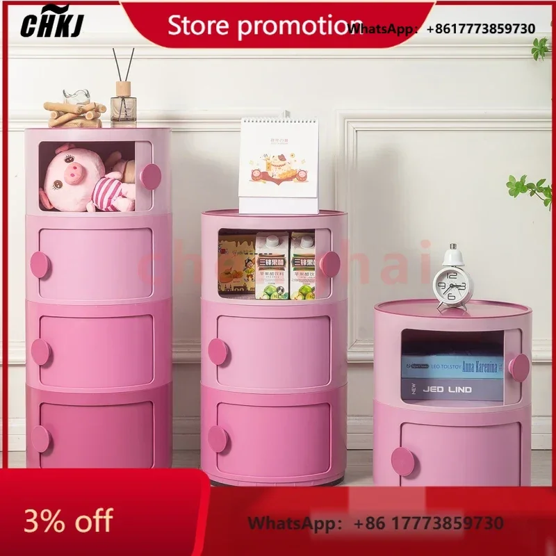 CHKJ  for Bedroom Round Nightstands Kawaii Pink Plastic Pretty Bedside Table Aesthetic Small Space Table De Chevet Living Room
