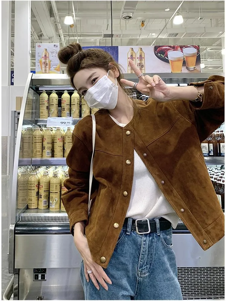 버건디 스웨이드 캐주얼 재킷 여성용 봄 가을 신상 오토바이 빈티지 고급스러운 느낌의 워크웨어 칼라리스 탑