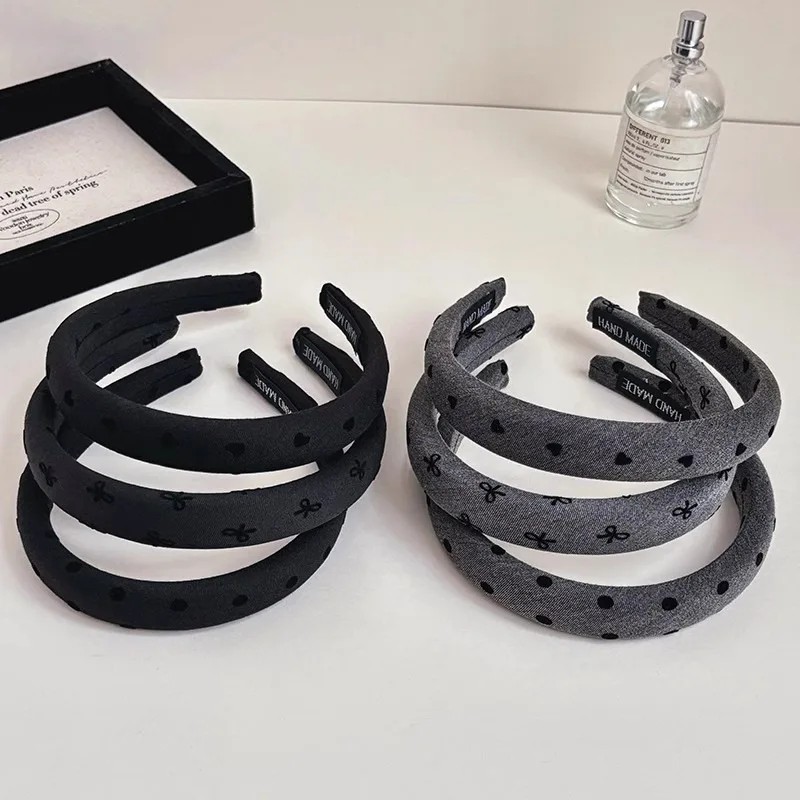 عصابة رأس إسفنجية بسيطة باللونين الأسود والرمادي للنساء، عصابة رأس واسعة الحواف للفتيات