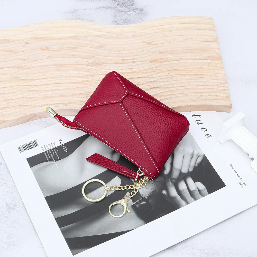 2024 New Patchwork Coin Purse Genuine Leather Mini Women Wallets With Keychain First Layer of Cowhide Short Purse Card Holder