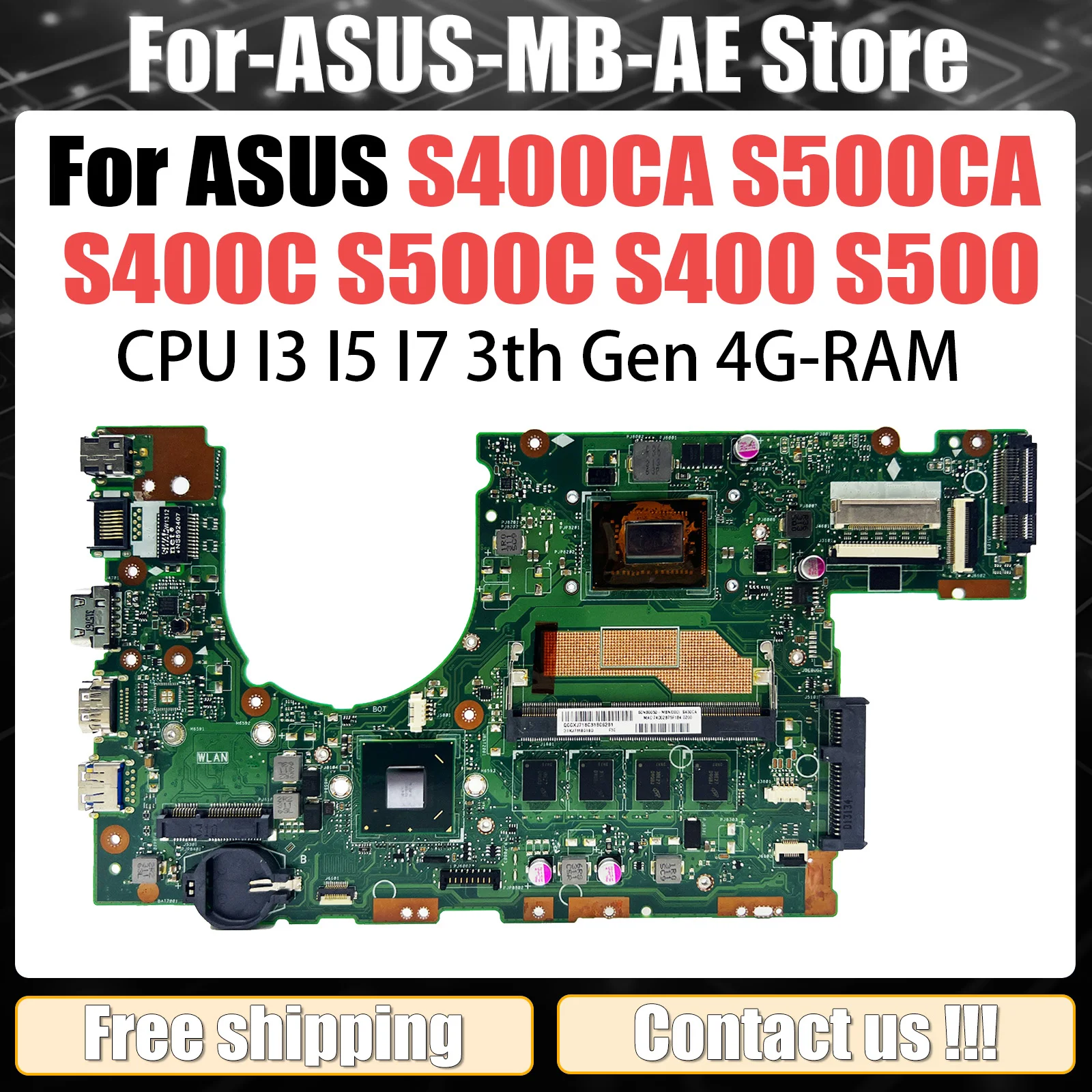 Placa-mãe S400CA para laptop ASUS S500CA S400C S500C S400 S500 com CPU I3 I5 I7 3th Gen 4GB RAM totalmente testado