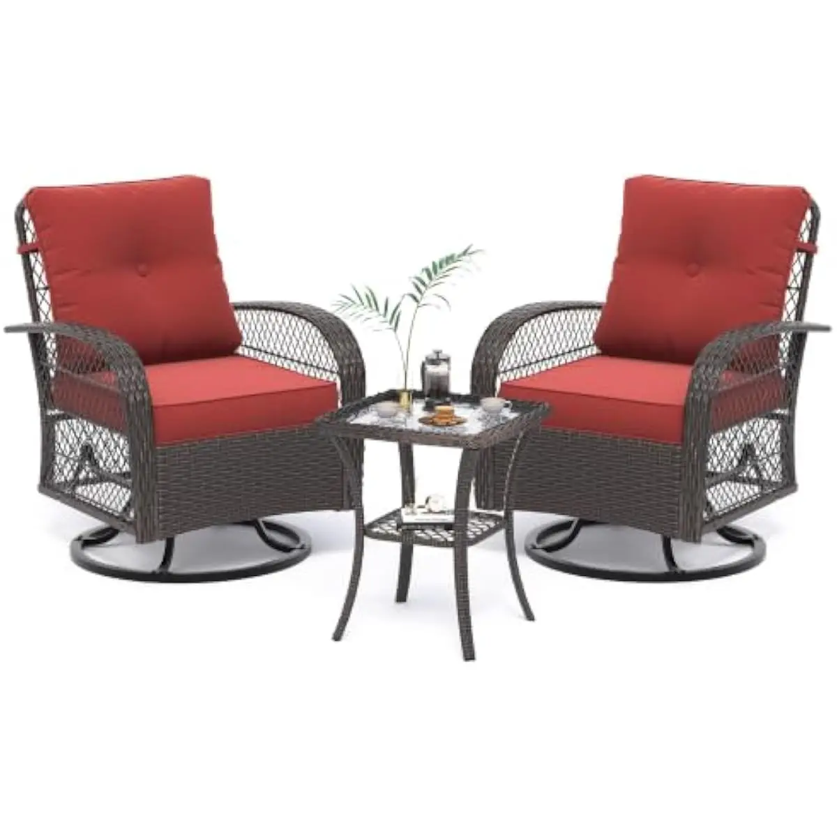 Outdoor Swivel Rocker Patio Chairs Set with Tempered Glass Table – 360° Rotation + Gentle Rocking Motion – Rustproof Steel Frame