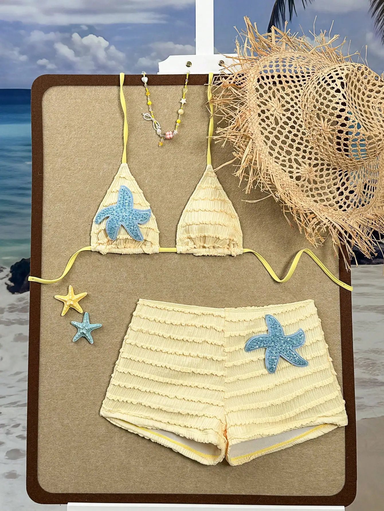 

Yellow Ruched Bikini Set With Sequin Starfish Applique Beach Swimwear